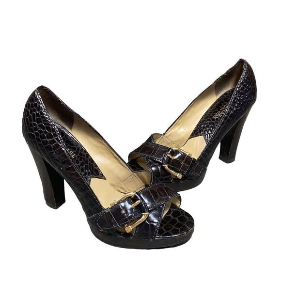 Michael Kors Brown Milan Crocco Peep Toe Pump Size 8 - Picture 1 of 12